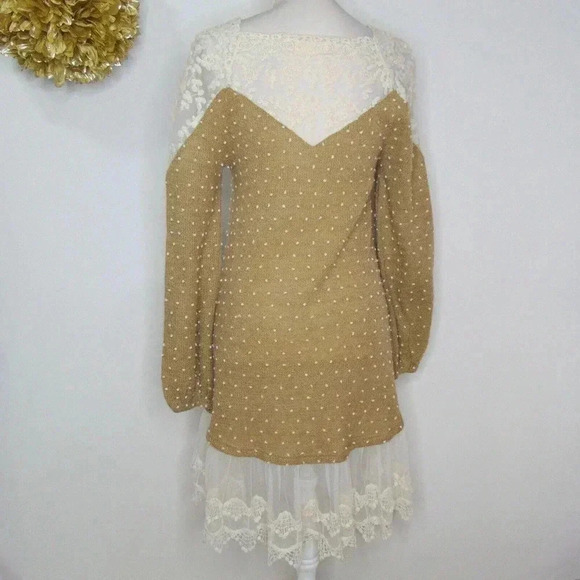 Altar'd State Women's Tan Pom Pom Embroidered Lace Trim Sweater Dress SIZE S - Picture 6 of 14